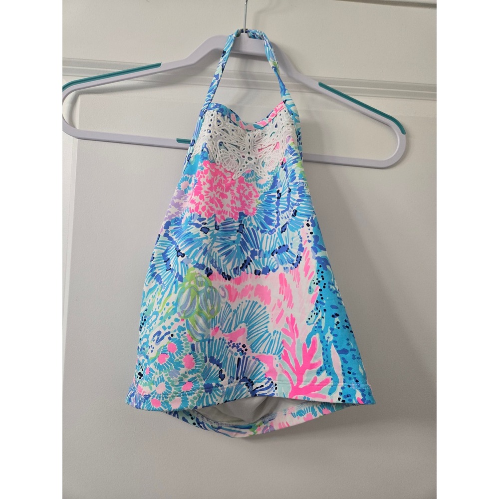 Lilly Pulitzer Girls Blue Pink Coral Reef Butterfly Lace Halter Tankini Top 10